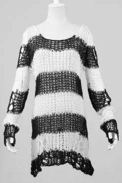 Punk Rave Damage Striped Sweater [Black/White] -Akumu Ink Shop 032