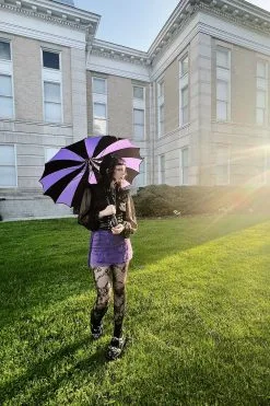 VampireFreaks Batwing Pagoda Umbrella [BLACK/PURPLE STRIPED] -Akumu Ink Shop Alice in wonderland umbrella