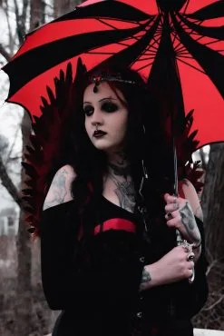 VampireFreaks Batwing Pagoda Umbrella [BLACK/RED STRIPED] -Akumu Ink Shop Alternative Umbrella