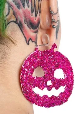 Too Fast Pink Glitter Pumpkin Hoop Earrings
