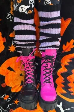 VampireFreaks Funeral Flowers Striped Leg Warmers [BLACK/LILAC]