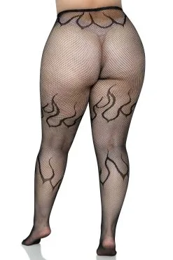 LEG AVENUE Flame Net Tights [Plus Size] [Black] -Akumu Ink Shop Leg Avenue Flame Plus Size Fishnet Tights Black Back1copy