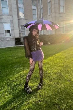 VampireFreaks Batwing Pagoda Umbrella [BLACK/PURPLE STRIPED] -Akumu Ink Shop Spooky Emo Umbrella