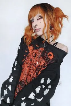 VampireFreaks Haunted Mansion Sweatshirt [Pumpkin Orange] -Akumu Ink Shop Spooky Shirt Womens