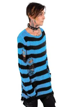 Catalyst Pastel Blue/Black Striped Distressed Sweater