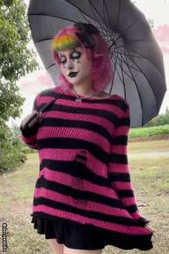 Catalyst Hot Pink/Black Striped Distressed Sweater