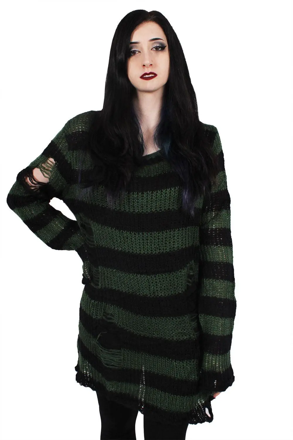 Catalyst Dark Forest Green/Black Striped Distressed Sweater 3 Catalyst Dark Forest Green/Black Striped Distressed Sweater
