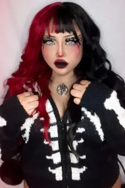 Too Fast Bony Skeleton Cardigan Zip Up Sweater -Akumu Ink Shop fgds