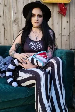 Too Fast Distressed Beetlejuice Striped Hellz Bellz Bell Bottoms [BLACK/WHITE] -Akumu Ink Shop hhjtrhtrhrthr