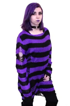 Catalyst Purple/Black Striped Distressed Sweater