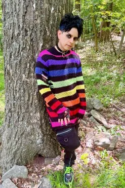 Catalyst Black Rainbow Striped Distressed Sweater