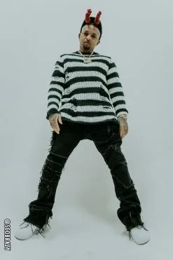 Catalyst White/Black Striped Distressed Sweater