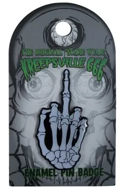 Kreepsville Skeleton Middle Finger Glow Enamel Pin -Akumu Ink Shop skeleton middle finger2