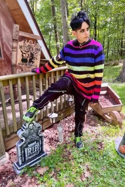 Catalyst Black Rainbow Striped Distressed Sweater -Akumu Ink Shop tgdgt