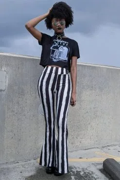 Too Fast Distressed Beetlejuice Striped Hellz Bellz Bell Bottoms [BLACK/WHITE] -Akumu Ink Shop vgrtgtrhgt